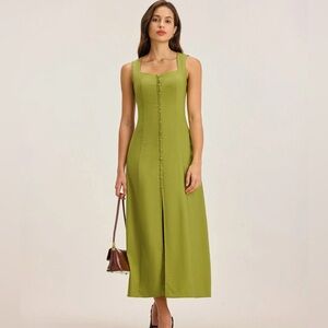Rihoas Green Square Neck Button Sleeveless Midi Dress
